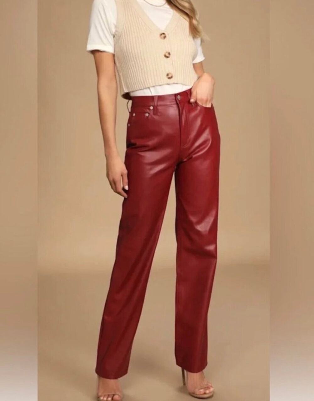 PISTOLA Cassie Carmine Red Vegan Leather Pants Size 28